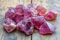 Raw pink tourmaline crystal chunks on rustic wooden surface showing natural mineral formation, crystalline structure and varying shades of rose and purple hues.
