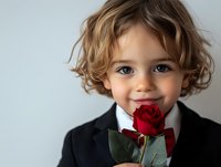 Young child in black suit holding single red rose, with curly blonde hair and bright eyes against light background. Gentle smile and formal attire create charming portrait.