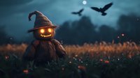 Spooky scarecrow with glowing eyes in wheat field at dusk, ravens flying overhead against moody sky with full moon and fireflies illuminating the scene.
