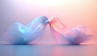Ethereal translucent butterflies touch noses in soft pink and blue gradient lighting, creating romantic atmosphere against blurred dreamy background.