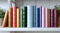 Colorful vintage hardcover books arranged in rainbow order on white shelf, spines showing pastel and muted tones, with soft green plant leaves visible in background.