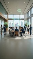 Modern office team collaborating in high-rise conference room with digital communication icons overlay, cityscape view, business meeting and networking concept.