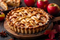 Homemade apple pie with lattice crust served on wooden board with fresh red apples and autumn decorations, perfect for seasonal baking and holiday dessert photography.