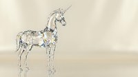 Crystal clear glass unicorn figurine standing elegantly on neutral beige background, transparent magical creature ornament for home decor and fantasy collections.
