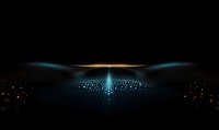 Futuristic digital landscape with glowing blue and orange light waves forming horizon on black background, creating abstract technological grid pattern.