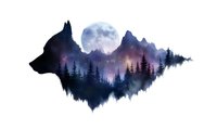 Double exposure silhouette of wolf head merged with misty night forest landscape, full moon and starry sky, creating mystical nature scene in dark blue tones.