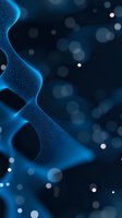 Abstract blue particle wave on dark background with glowing dots and bokeh effects creating dynamic flowing motion and depth for technology designs.