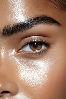 Close-up of brown eye with perfectly groomed eyebrow and glowing, dewy skin highlighting cheekbone area. Makeup and skincare advertising concept.