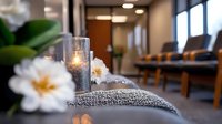 Tranquil spa setting with glowing candle in glass holder on gray towel, white camellia flowers creating peaceful ambiance for wellness and relaxation services.