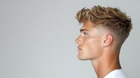 Young Caucasian male model with trendy textured haircut and fade showing profile view against light background. Professional hairstyle and grooming concept.