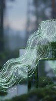 Flowing water stream with sparkling droplets cascading over glass surface creating natural waterfall effect with bokeh background for spa wellness concepts.