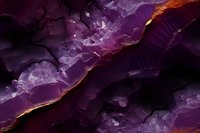 Purple amethyst crystal macro photography showing natural mineral formation with deep violet hues, golden highlights and intricate crystalline structure. Luxury mineral background.