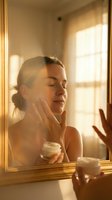 Woman with fair complexion applying moisturizing cream to her face in front of a mirror with warm golden sunlight streaming through a window, skincare routine and beauty concept.