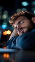 Young mixed race man with curly hair sleeping at desk during late night work, illuminated by soft city lights and bokeh in dark office environment.