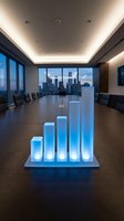 Glowing blue bar chart on conference table in modern high-rise office with city skyline view, representing business growth, financial data analysis, and corporate success metrics.