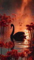 Silhouette of black swan swimming in misty lake at dawn surrounded by red wildflowers creating magical atmosphere.