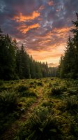 Dramatic sunset over coniferous forest clearing with golden and orange clouds illuminating evergreen trees and lush undergrowth, suitable for nature and landscape design projects.
