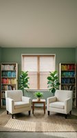 Cozy reading nook with two beige armchairs, wooden table, green plants and built-in bookshelves in modern home library interior design.