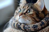 Adorable tabby kitten with bright blue eyes wearing knitted scarf looking up curiously. Cozy winter pet portrait for greeting cards and seasonal campaigns.