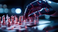 Robotic hand playing chess against human opponent on dark background with dramatic red lighting and bokeh effects, showcasing artificial intelligence in gaming.