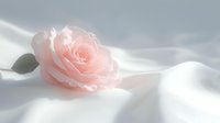Single delicate pink rose lying on soft white silk fabric with gentle folds, creating romantic atmosphere in natural light with subtle shadows.