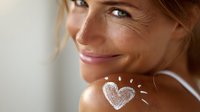 Close-up portrait of smiling Caucasian woman with freckles and suntan, showing heart-shaped sunscreen on shoulder, promoting sun protection and skincare.