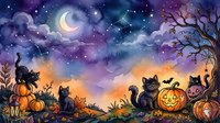 Silhouetted cats and bats gather among glowing jack-o'-lanterns under a crescent moon in a starry purple and orange night sky, perfect for seasonal and holiday designs.