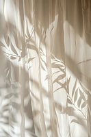 Soft natural light filtering through sheer curtains creates delicate plant shadows on neutral fabric, perfect for minimalist interior design and wellness concepts.