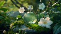 Elegant perfume bottle surrounded by white gardenias and green moss in magical garden setting with natural sunlight and bokeh effect. Luxury fragrance concept.