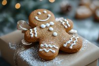 Smiling gingerbread man cookie decorated with white icing dots and zigzag patterns rests on wrapped gift, festive bokeh lights and sprinkled sugar in background.