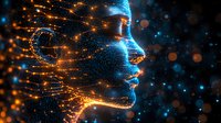 Glowing digital profile made of luminous particles with orange and blue light effects against dark background, representing artificial intelligence and technology.