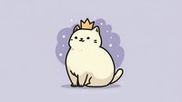 Cute cartoon cat with golden crown sitting on purple background with sparkles, for children's illustrations, greeting cards, and digital stickers.