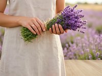 Woman in light beige linen dress holding fresh lavender bunch in field during harvest season. Suitable for wellness, agriculture, and lifestyle marketing.