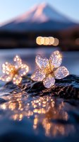 Glowing crystal flower decorations on wet surface with mountain silhouette at dusk, creating magical bokeh reflections and atmospheric evening mood.