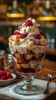 Layered trifle dessert with fresh raspberries, cream, and pastry in elegant glass. Powdered sugar dusting and bokeh background create luxurious dining atmosphere.
