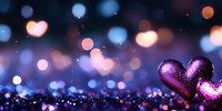 Purple glitter heart on dark background with soft bokeh lights creating romantic atmosphere, love concept for Valentine's day and special occasions.