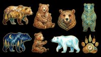 Watercolor bear clipart set with eight elements isolated on transparent background, ready for stickers, t-shirt design, print on demand, and sublimation projects.