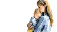 Tender watercolor illustration of mother with long hair embracing young blonde child in blue tones, conveying maternal love and emotional connection.