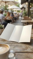 Blank trifold brochure mockup on wooden table at outdoor cafe terrace with coffee cup and succulent plant for marketing design presentation.