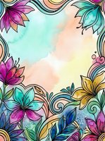 Colorful watercolor floral frame with ink outlines, pastel background, vibrant blooms and swirls, copy space for greeting cards or posters.