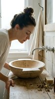 Woman with dark hair in top knot, Caucasian, leaning over wooden sink basin in bright bathroom. Natural light from window, minimalist aesthetic, sustainable living concept.