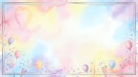 Soft pastel watercolor background with balloons, confetti, and a delicate frame, perfect for birthday cards, party invitations, and festive designs.