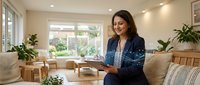 A young woman of South Asian descent, wearing a dark navy blazer over a denim shirt, stands in a bright, modern living room holding a tablet. She smiles confidently while presenting the contemporary interior space featuring large windows, potted plants, neutral furnishings, and warm lighting. Suitable for business, technology, real estate, and lifestyle marketing.