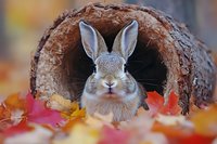 Gray rabbit peeking out from hollow log surrounded by vibrant red and yellow autumn leaves, creating whimsical woodland scene in fall season.