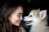 Happy young Asian woman bonding with fluffy Pomeranian dog in intimate close-up portrait showing love and companionship between pet owner and furry friend.