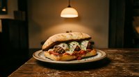 Gourmet burger with melted cheese, caramelized onions, and fresh greens served on ceramic plate under warm pendant lighting in modern restaurant setting.