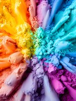 Vibrant rainbow colored powder pigments arranged in radial pattern creating dynamic burst effect. Crushed makeup and art materials in orange, yellow, pink, purple and blue shades.