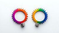 Colorful gradient lightbulb gears with metallic bases on white background, representing innovation, creativity and bright ideas for business concepts.