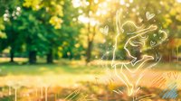 Young woman with flowing hair dancing in sunlit park with magical light effects and heart symbols creating dreamy romantic atmosphere for wellness content.