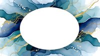 Abstract blue watercolor background with gold accents and white oval frame for text or design elements. Elegant fluid art composition for invitations.